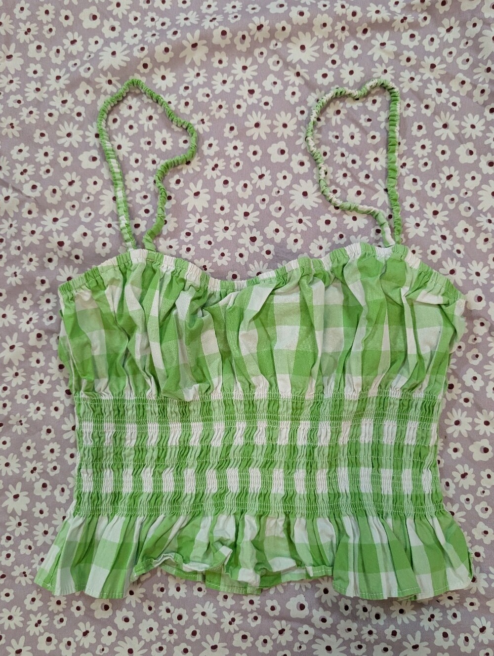 Urban Outfitters Lime Green and White Gingham Smocked Blouse Large